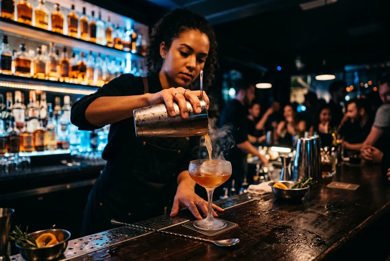 Bartender pouring a cocktail behind the Gate43 bar
