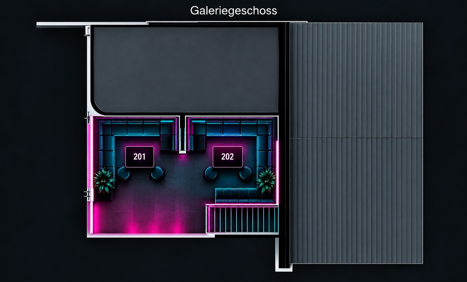 Gate43 gallery level (Galeriegeschoss) plan showing lounge tables 201 and 202.