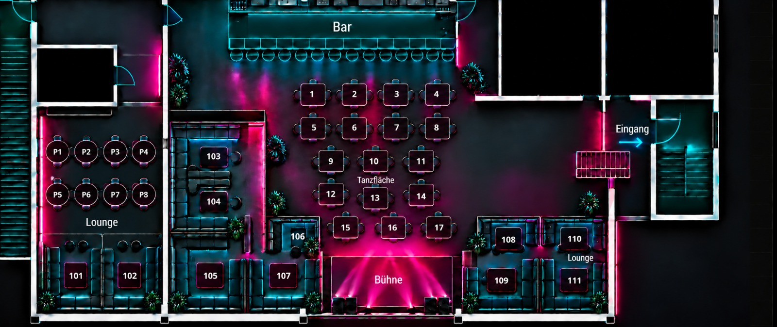 Gate43 main floor plan showing the bar, dance floor with tables 1 to 17, stage, lounge P1 to P8, lounge tables 101 to 111 and the entrance.